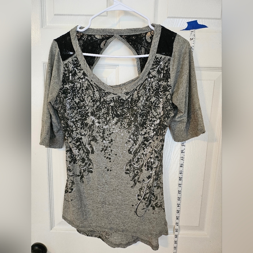 Gray/Green Lace Detail Women's Top